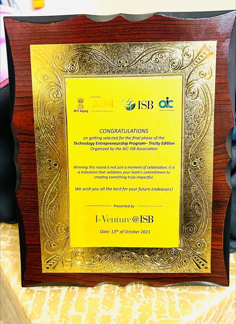 Plaque from I-Venture at ISB for selection to the final phase of the Technology Entrepreneurship Program